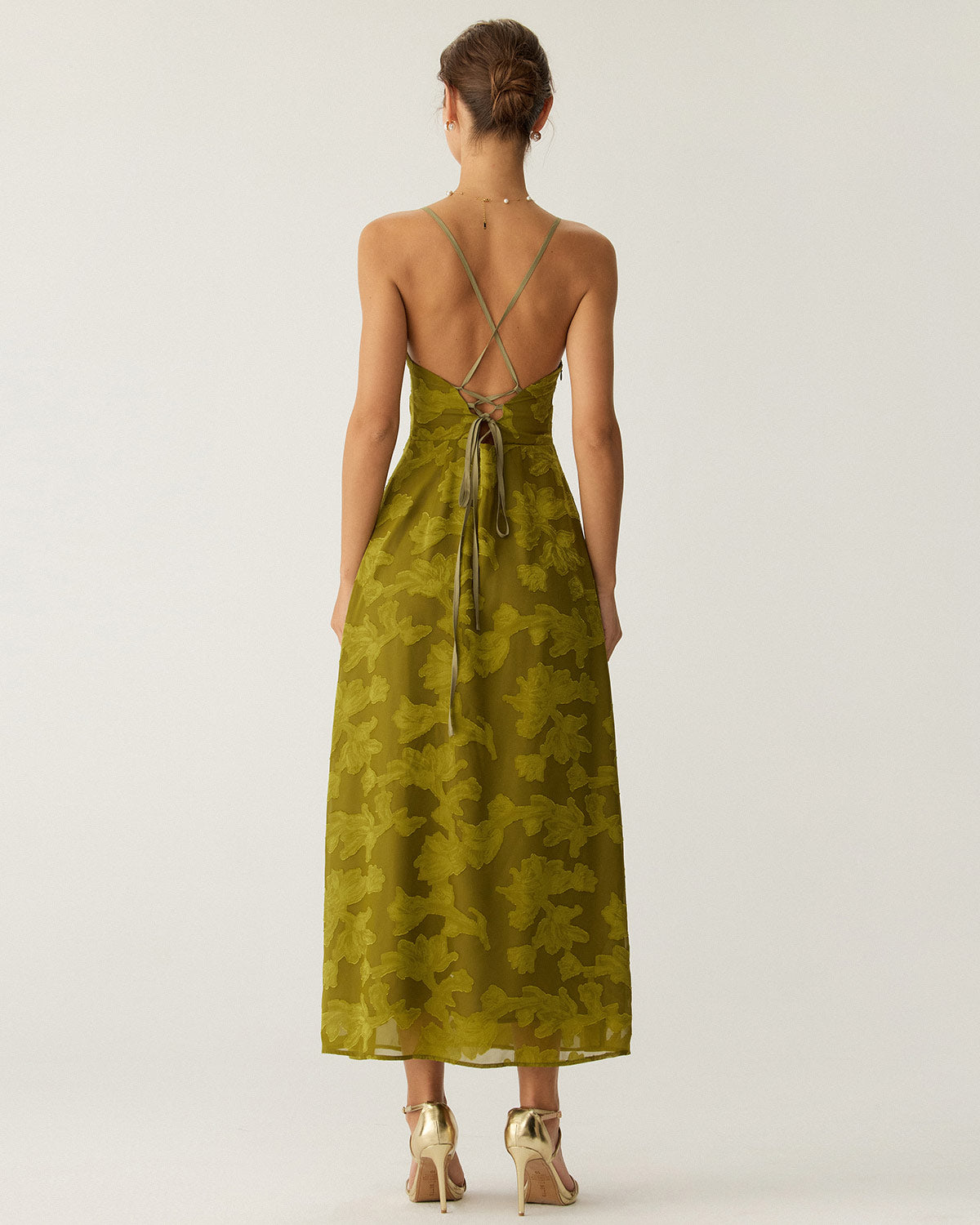 Green Floral Ruched Backless Slip Maxi Dress